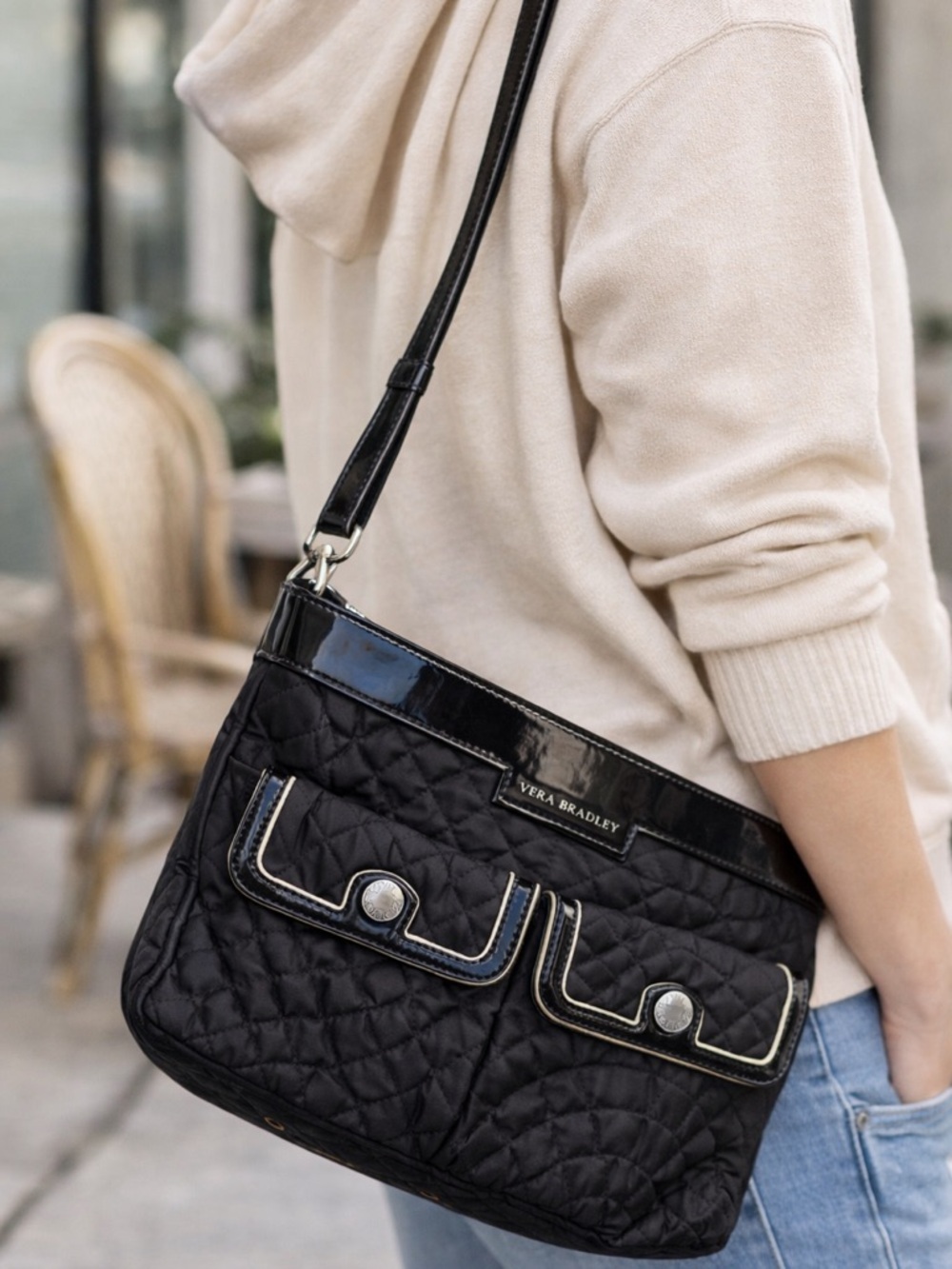 Vera Bradley Quilted Patent Trim Shoulder Bag | Black Nylon Crossbody